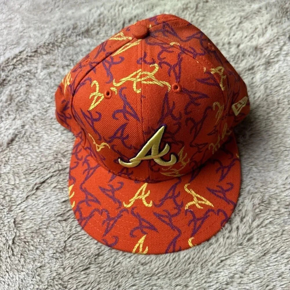 Atlanta Braves Hat New Era 59Fifty All Over Print Baseball Cap Orange 7 5/8 New - Picture 2 of 16